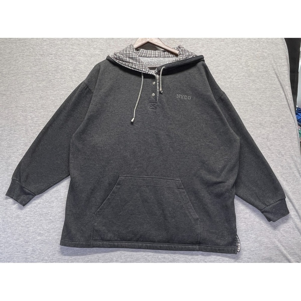 NYCO Oversized Henley Hoodie Womens XL Heather Gray Fleece Lined Logo Pullover